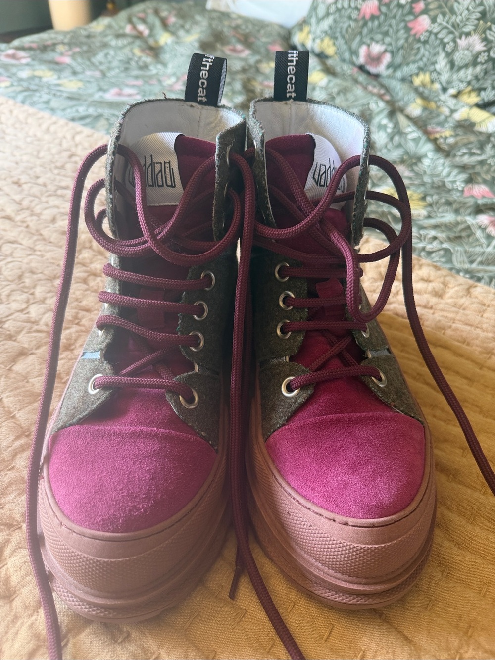 Freecat High-Top Platform Sneakers – Green & Burgundy